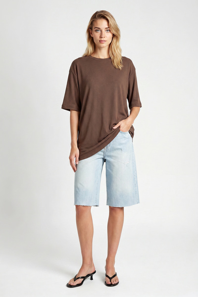 Lovelyİstanbul Tricou oversize basic din modal cu nervuri LUB0361 VİZON