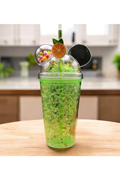 HEDİYEBİZİZ Lemon Straw Ice Glass Look 400 ml Double Layer Mica - Green