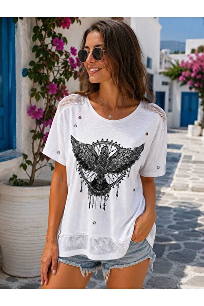 Butik Şans Women's Printed Mesh Detailed Cotton T-Shirt with Metal Ring Acces...