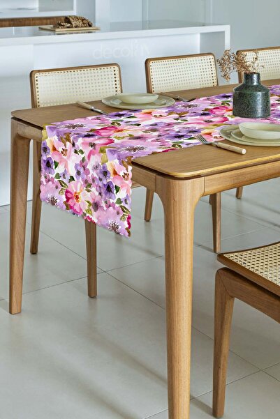 decofav Runner cu imprimeu digital cu model floral roz violet în acuarelă - 4...