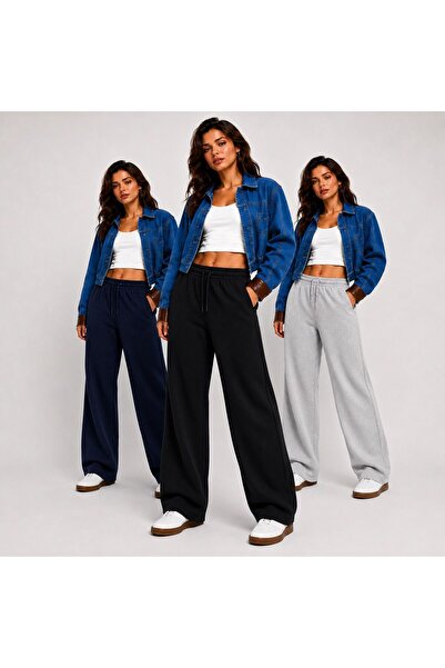 DEEP FİT 3 Pieces Black Gray Navy Blue Wide Fit Sweatpants