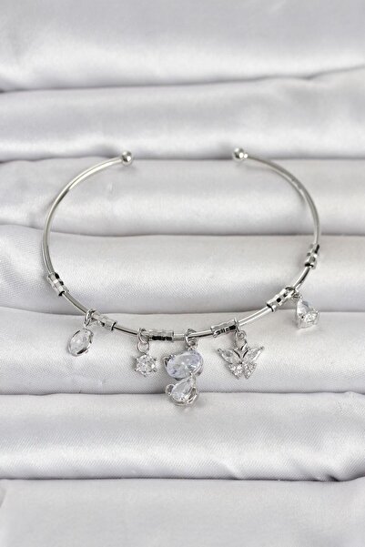 Clariss Silver Color Brass Cat Detailed Charm Women's Bracelet