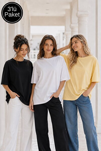 The Champ Clothing Дамски комплект от 3 овърсайз тениски – черен, бял, жълт –...