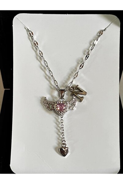 bijoux uniques çelik pembe kalpli melek kanadı N harfli kolye