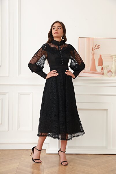 Independent Black Lace Midi Dress with Transparent Sleeves and Royal Design