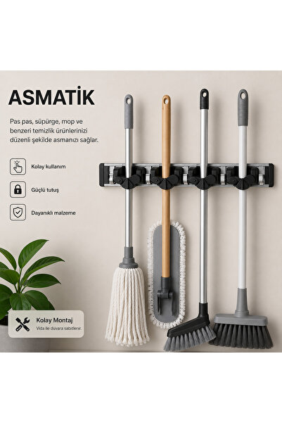 Asmatik Alüminyum Duvar Tipi Mop & Süpürge Askılığı – Güçlü Tutuşlu Paspas ve...