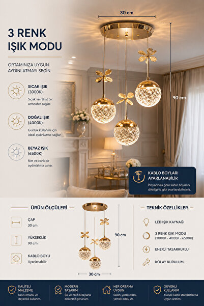 Buiva Justinianus Power Ledli Avize 3 Renk Modlu Sarkıt Led Avize 1. sınıf Üretim
