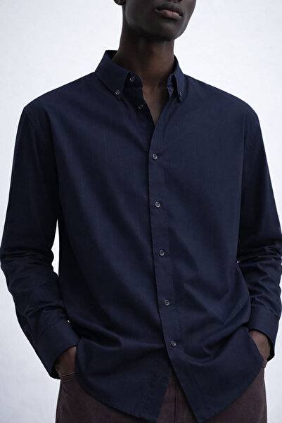 Bossago Pinstripe Oversize Men's Navy Blue Linen Shirt