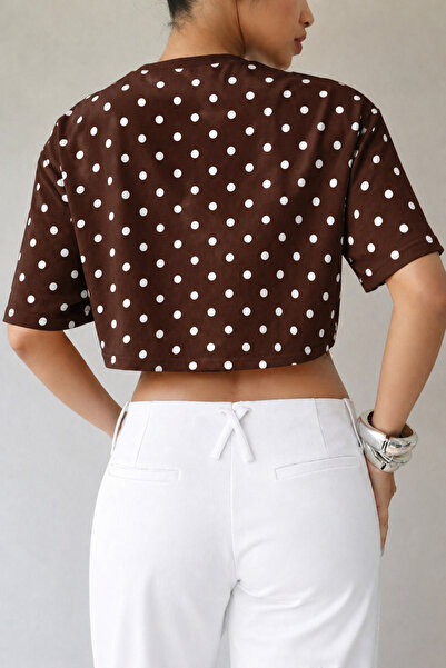 HIMMELDUF Women's Polka Dot Patterned Crop T-Shirt Basic Oversize Summer Blouse