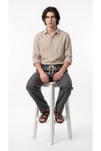 BADESSA Men's Smoked Comfortable Fit Linen Muslin Trousers Lightweight Casual Thin Fabric with Back Pockets