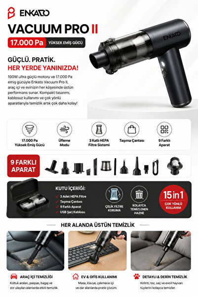 Alıç Enkado Vacuum Pro II Şarjlı Araç Süpürgesi 17000 Pa Kablosuz El Süpürges...