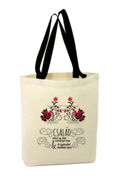OEM Canvas tote bag with zipper, black handle, two doves print, Hungarian text