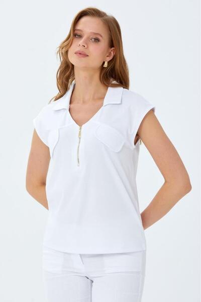 İKİLER Polo Yaka Önü Fermuar Detaylı Bluz 026-1021