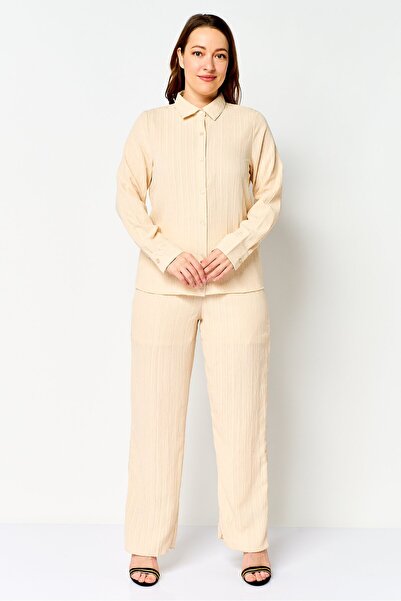 Rufaya Women 2 Pieces Textured Long Sleeve Shirt And Bottom Set, Beige