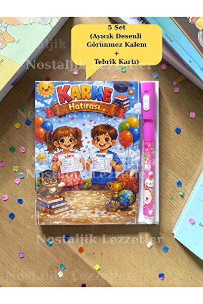 Nostaljik Lezzetler Karne Hediyesi 5 Set Ayıcık Desenli Görünmez Kalem ve Teb...