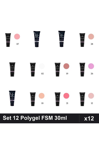FSM Set 12 Polygel 30ml - Nr.01, Nr.02, Nr.07, Nr.10, Nr.12, Nr.15, Nr.17, Nr...