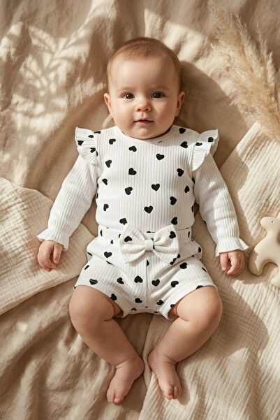 Babydonat طقم قميص قطني مزين بالكشكشة على شكل قلب للفتيات الصغيرات - طقم شورت...