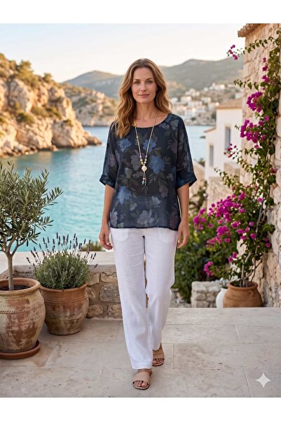 Punta Otantik Msr7081 Italian Half Sleeve Collared Pleated Linen Blouse Black