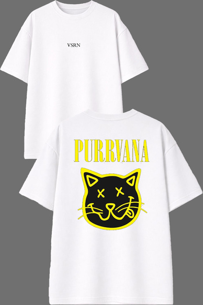 VSRN Μπλουζάκι Purrvana Design με στάμπα μπροστά και πίσω, λευκό, oversized