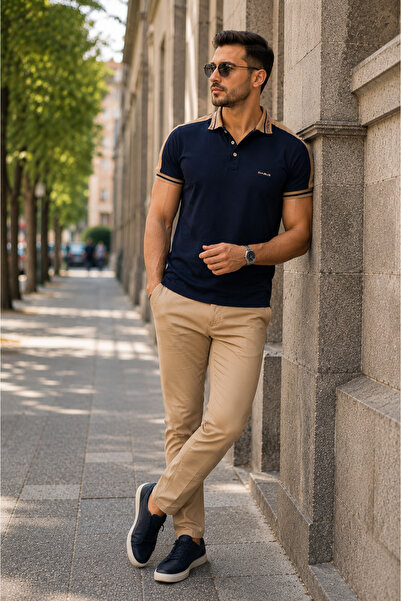 Erkek Slim Fit Omuz Garnili Polo Yaka Tişört Dar Kesim Yumuşak Dokulu Günlük Şık T-Shirt İnterlok Kumaş