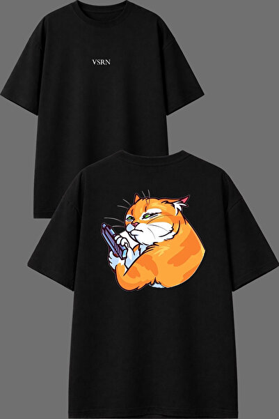 VSRN تي شيرت أسود كبير الحجم بتصميم Mafia Cat مطبوع من الأمام والخلف
