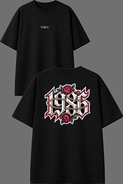 VSRN 1986 Design Front and Back Printed Black Oversize t Shirt
