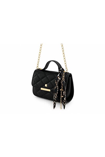 SİDEES ÇANTA Black Mini Hand & Shoulder Women's Bag with Scarf Detail