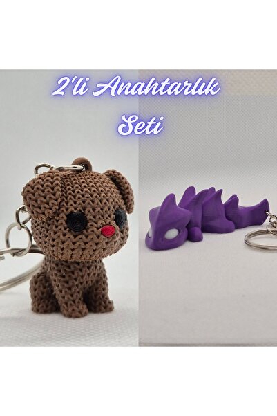 3DAtölyeMaker Dark Brown Knitted Patterned Dog and Purple Flexible Dragon Key...