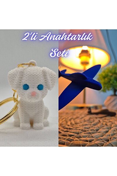 3DAtölyeMaker White Knitted Pattern Dog-2 and Blue Airplane Keychain