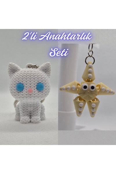3DAtölyeMaker White Knitted Patterned Cat and Light Yellow Moving Starfish Ke...