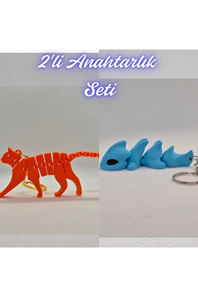 3DAtölyeMaker Orange Flexible Cat and Light Blue Flexible Dragon Keychain