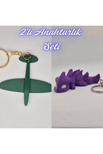 3DAtölyeMaker Dark Green Airplane and Purple Flexible Dragon Keychain