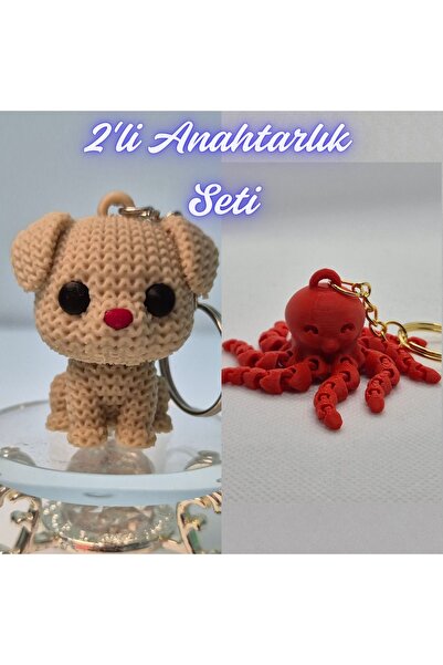 3DAtölyeMaker Cream Knitted Patterned Dog and Pink Octopus Keychain