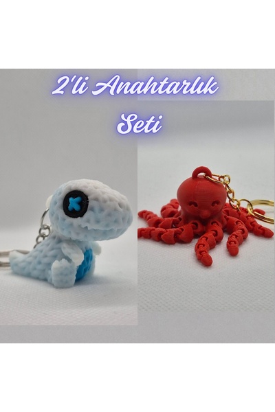 3DAtölyeMaker White Knitted Pattern Moving Dino and Pink Octopus Keychain