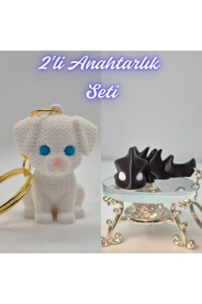 3DAtölyeMaker White Knitted Pattern Dog-2 and Black Flexible Dragon Keychain