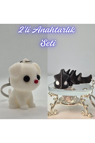 3DAtölyeMaker White Knitted Patterned Dog and Black Flexible Dragon Keychain