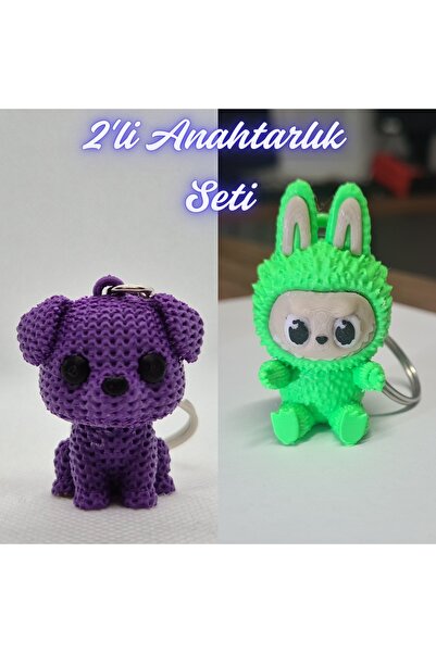3DAtölyeMaker Purple Knitted Patterned Dog and Green Labubu Keychain