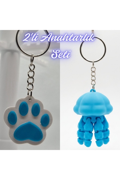 3DAtölyeMaker Light Blue Cat Paw and Light Blue Moving Jellyfish Keychain