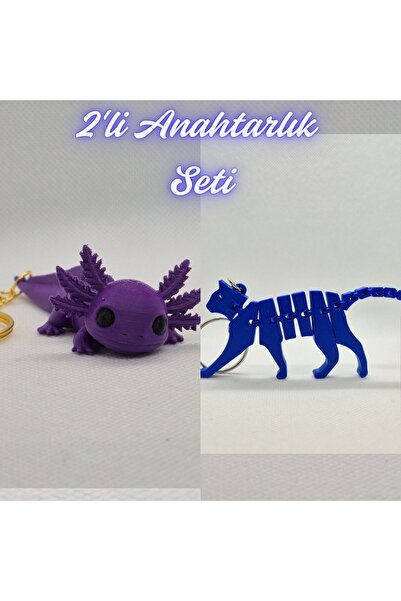 3DAtölyeMaker Purple Flexible Big Axolotl and Blue Flexible Cat Keychain