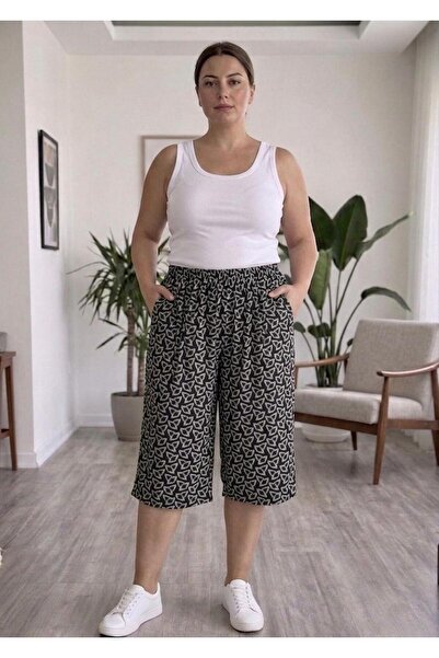 emeliyamoda Büyük Beden 85/120 KG Arası Uyumlu Viskon Cepli Kapri Pantolon