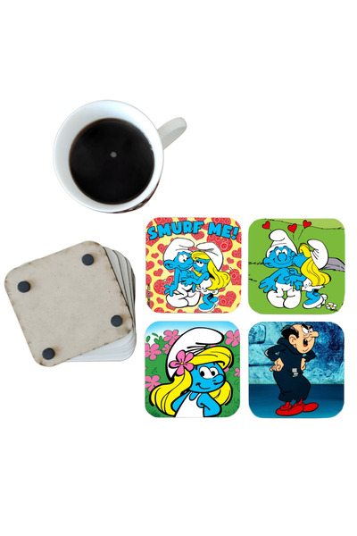Ghostbastır Smurfs Decorative Wooden Coaster Set 079