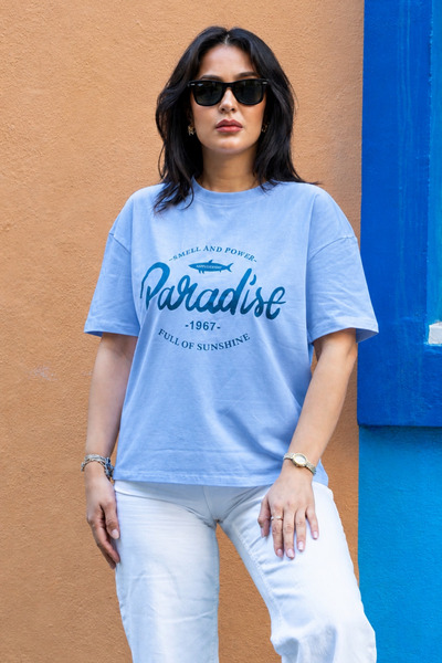 Merci Women's Blue Cotton Oversize Printed Lycra Crew Neck T-Shirt