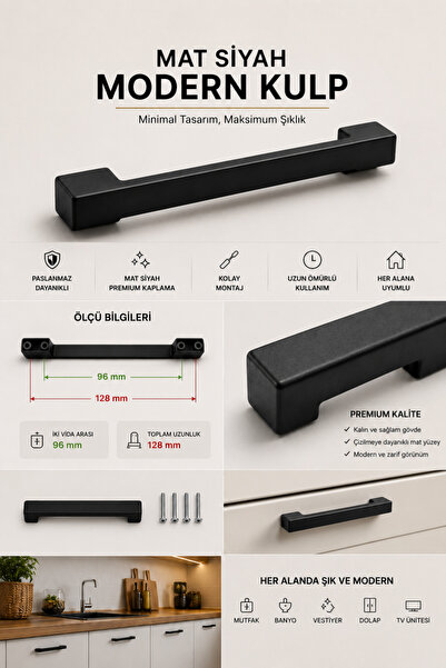 İMB Mat Siyah Modern Mobilya Kulpu 96 mm Dolap Çekmece Kulpu 128 mm Vida Dahi...