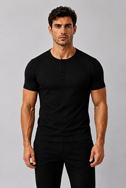 Montivo Tricou de bază pentru bărbați, negru, subțire, din bumbac premium, cu...