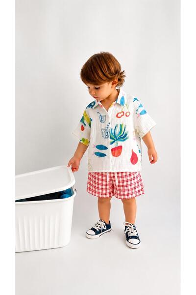elzo collection Unisex Müslin Şort Müslin Gömlek Baskılı Takım