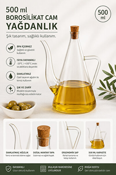 EG75 500ml. Transparent Glass Oil Pot with Cork Lid Borosilicate Glass Olive ...