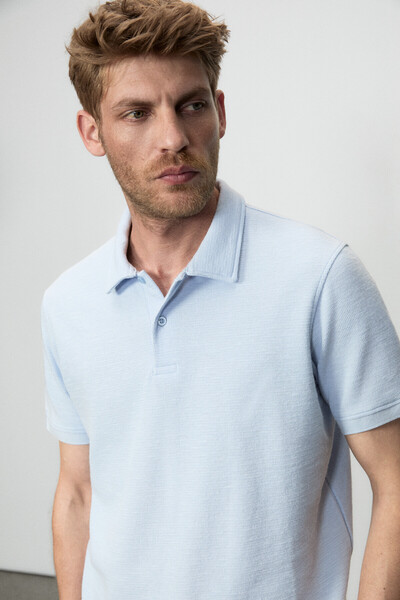 GRIMELANGE Minnutu Men's Organic Cotton Polo Collar Regular Fit Blue T-Shirt