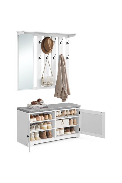 VASAGLE Hall coat rack with shoe cabinet and mirror, 10 double hooks, 101x40 ...
