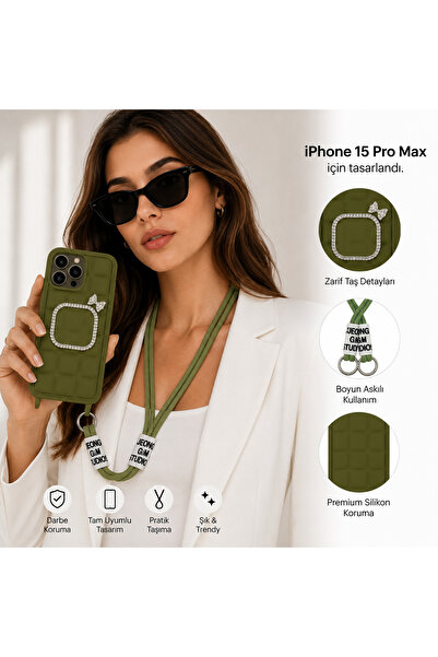 Nettech iPhone 15 Pro Max Uyumlu Taş Detaylı Askılı Kılıf – Şık Premium Silik...