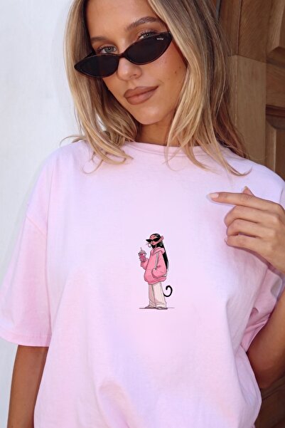 The Champ Clothing تي شيرت نسائي كبير الحجم مطبوع عليه Pink Kitty Club باللون الوردي - ياقة دائرية، تصميم مريح، 100% قطن